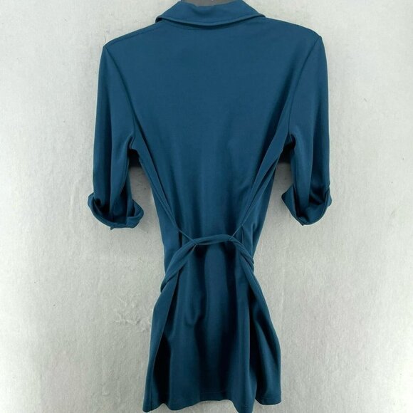 Max Studio Dress XS Teal Blue Collared V-Neck 3/4 Sleeve Roll-Tab Stretch Belted - Picture 2 of 11